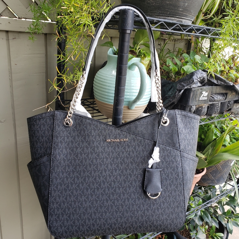 Michael kors large chain tote BLACK MK SIGNATURE bag